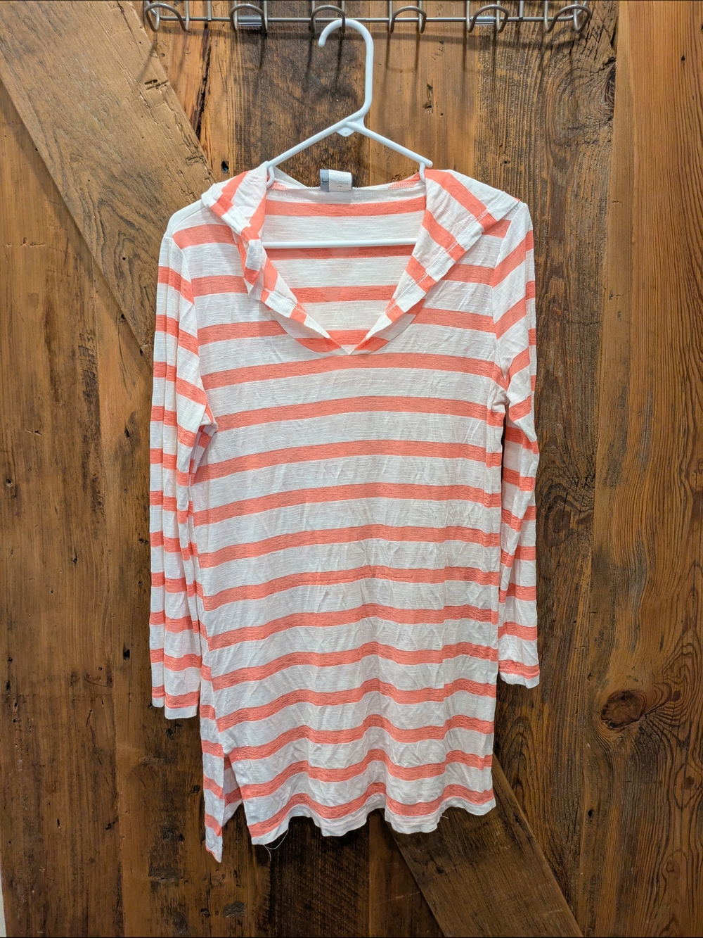 Lightweight Women’s Striped Swim Coverup - Coral/White Hooded Tunic